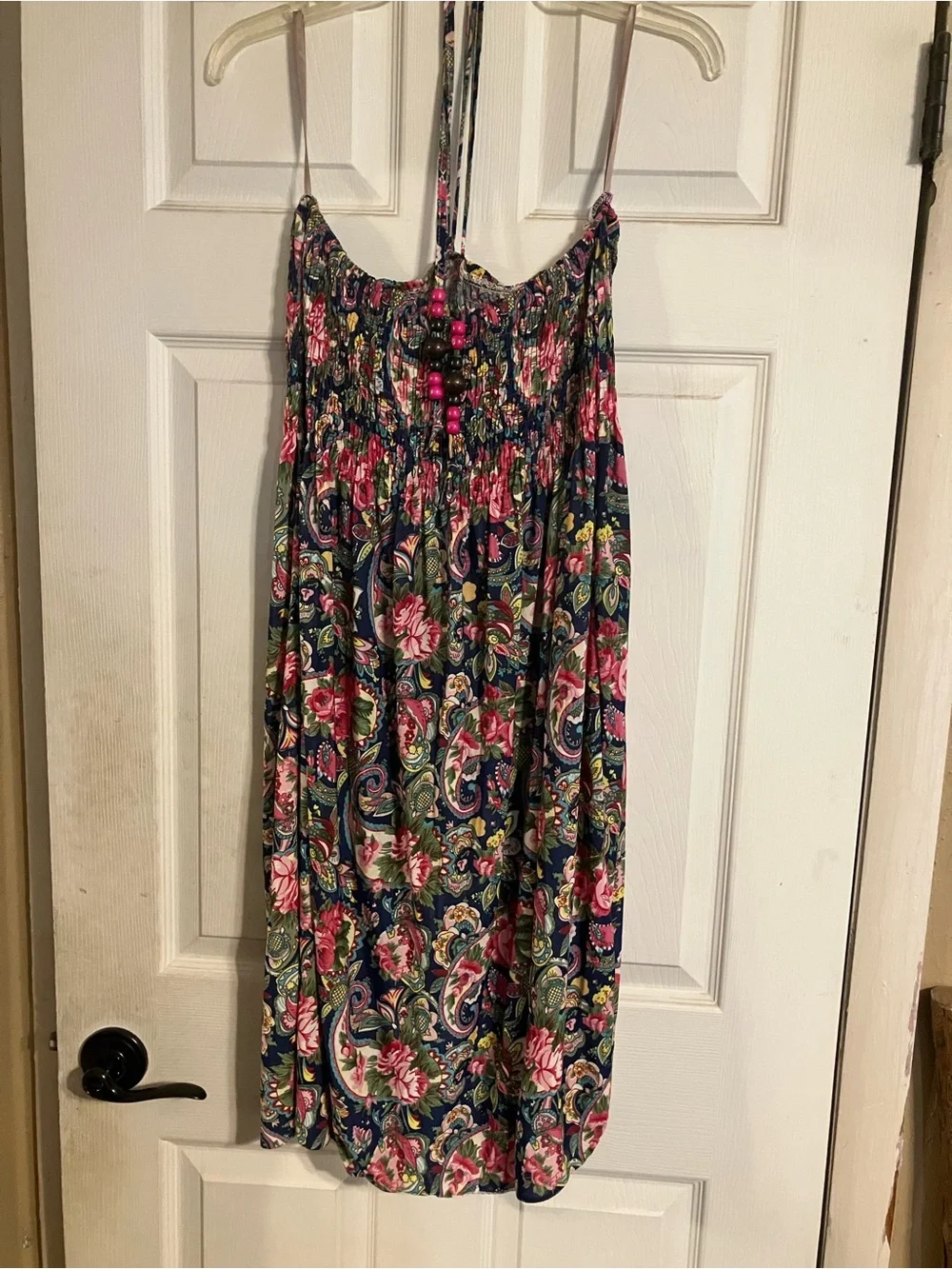 Vintage Y2K Paisley Floral Smocked Halter Tunic Dress Blue Size XL